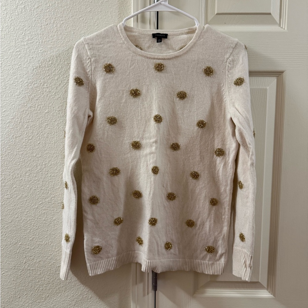 Talbots Cream Wool Blend Sweater with Gold Dots